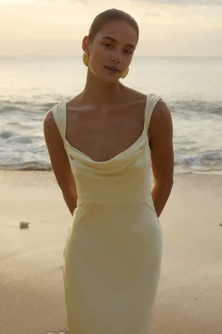 Minimalist Fitted Cowl Neck Sleeveless Satin Ankle-Length Prom Dress