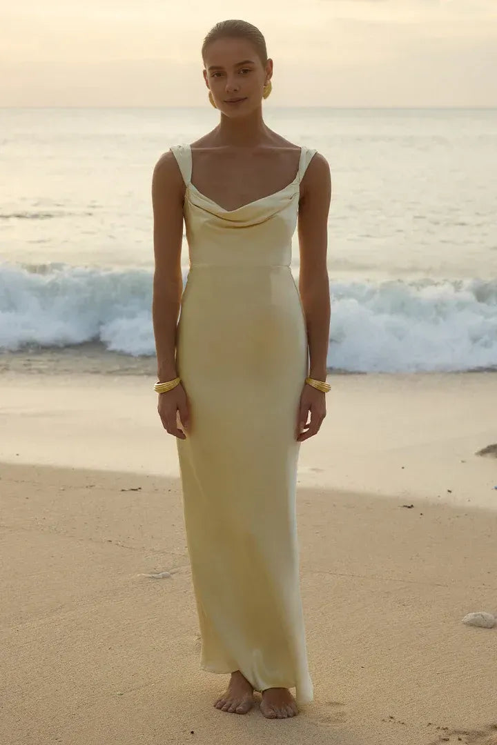 Minimalist Fitted Cowl Neck Sleeveless Satin Ankle-Length Prom Dress