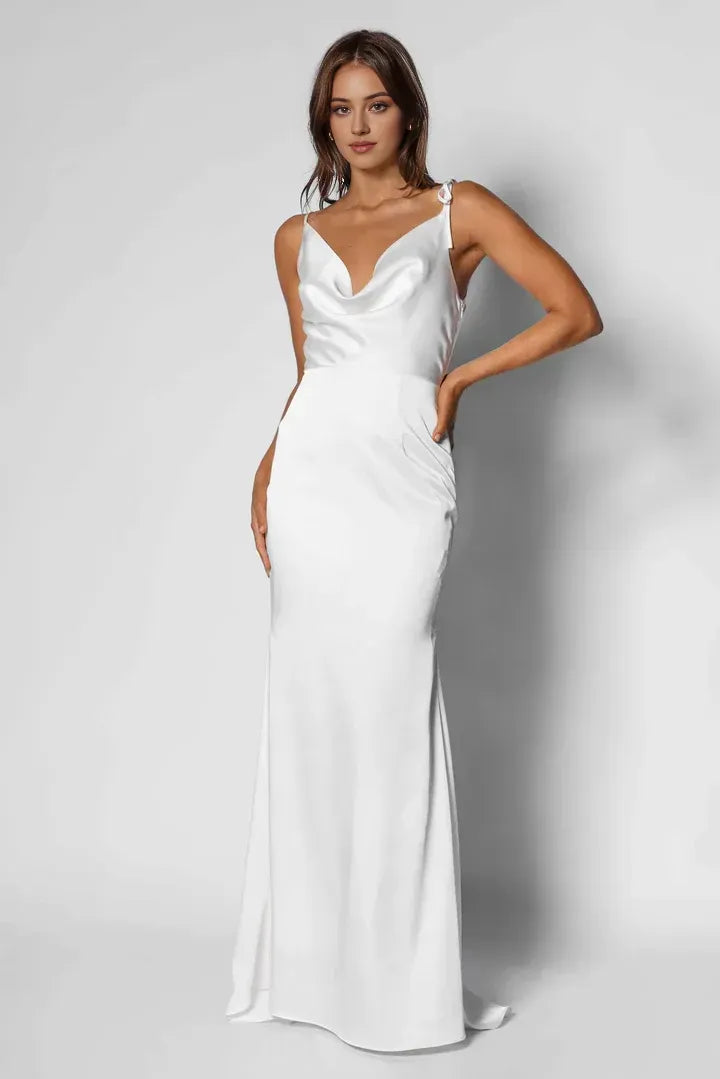 Minimalist Fitted Cowl Neck Sleeveless Satin Floor-Length Wedding Dress