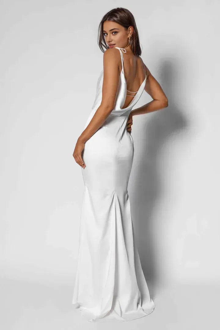 Minimalist Fitted Cowl Neck Sleeveless Satin Floor-Length Wedding Dress