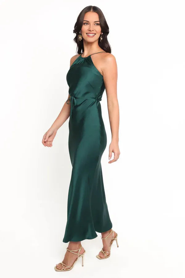 Minimalist Fitted Halter Neck Sleeveless Satin Ankle-Length Prom Dress
