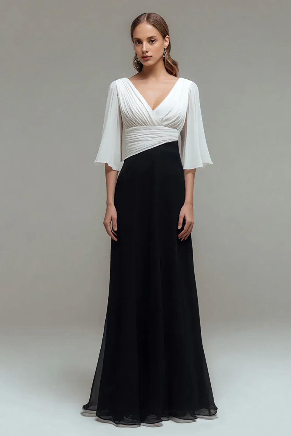 Minimalist Fitted V-Neck Flutter Sleeve Chiffon Floor-Length Prom Dress