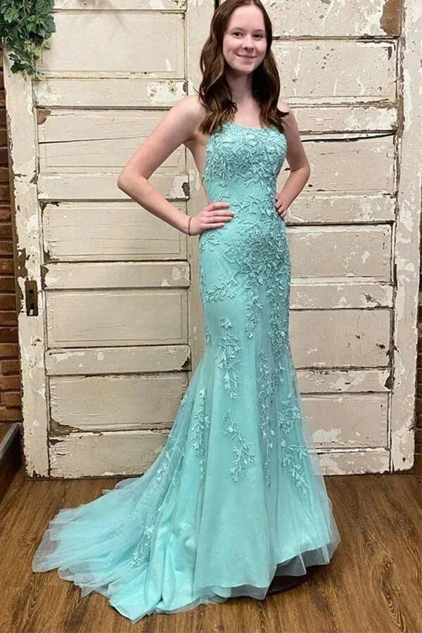 Mint Green Spaghetti Strap Lace Up Back Lace Applique Mermaid Tulle Prom Dress