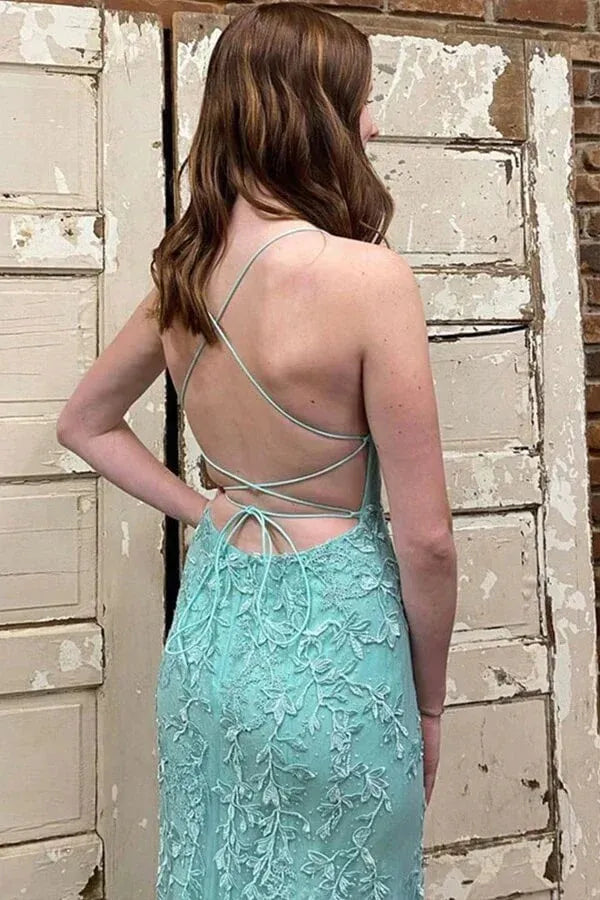 Mint Green Spaghetti Strap Lace Up Back Lace Applique Mermaid Tulle Prom Dress