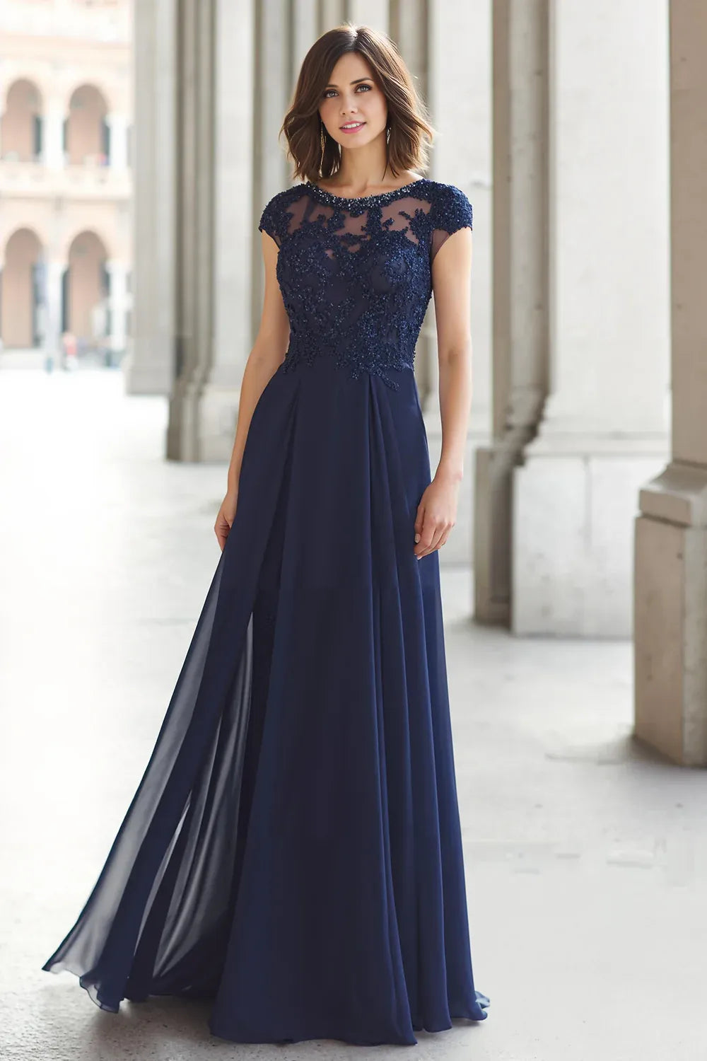 Modern A-Line Boat Neck Short Sleeve Sheer Back Floor-Length Mother of the Bride Dress