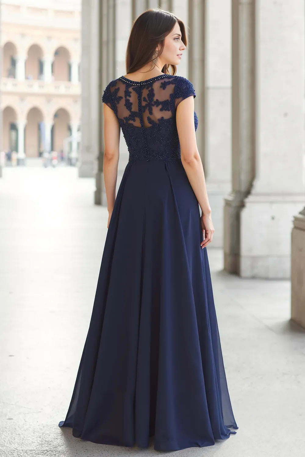 Modern A-Line Boat Neck Short Sleeve Sheer Back Floor-Length Mother of the Bride Dress