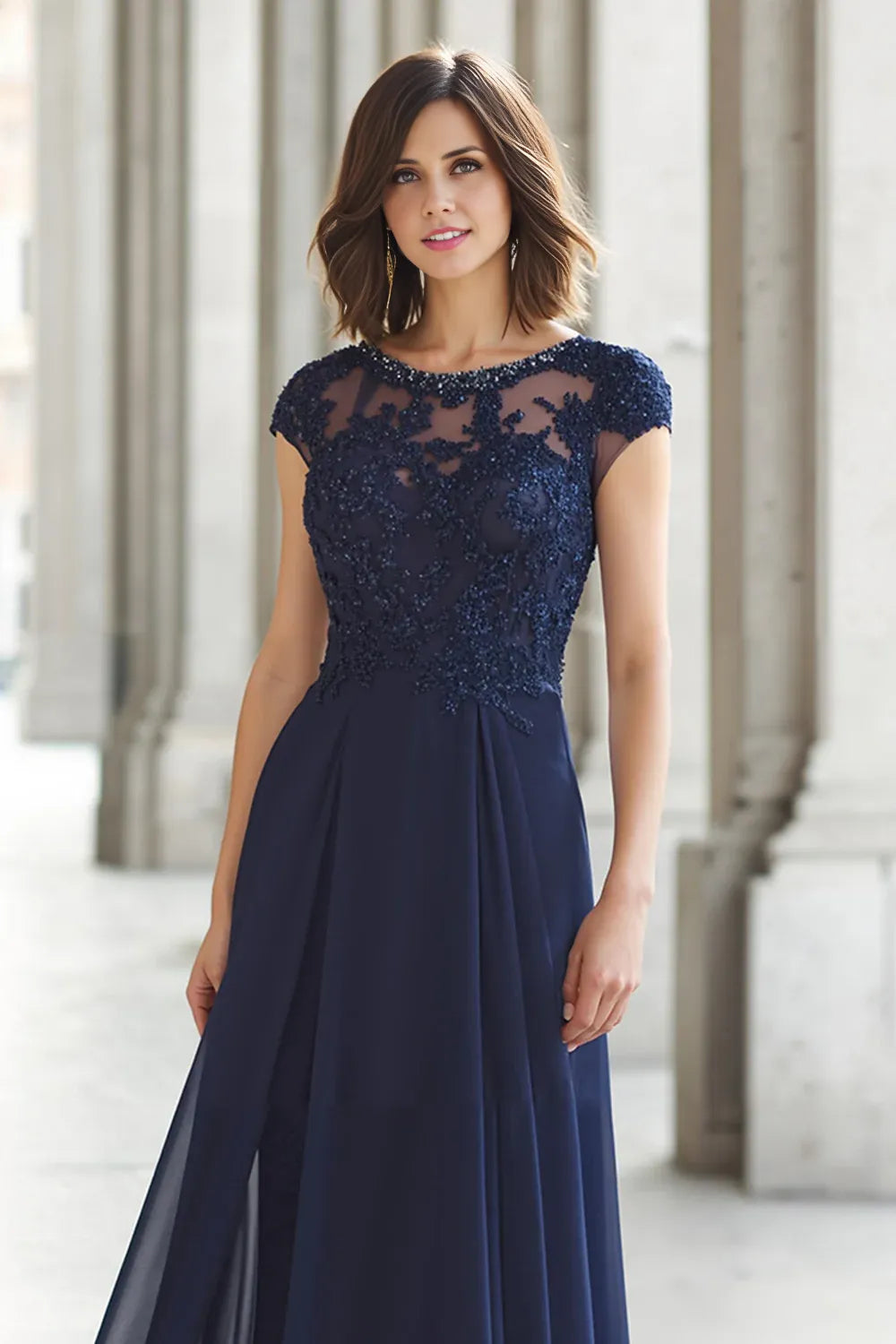 Modern A-Line Boat Neck Short Sleeve Sheer Back Floor-Length Mother of the Bride Dress