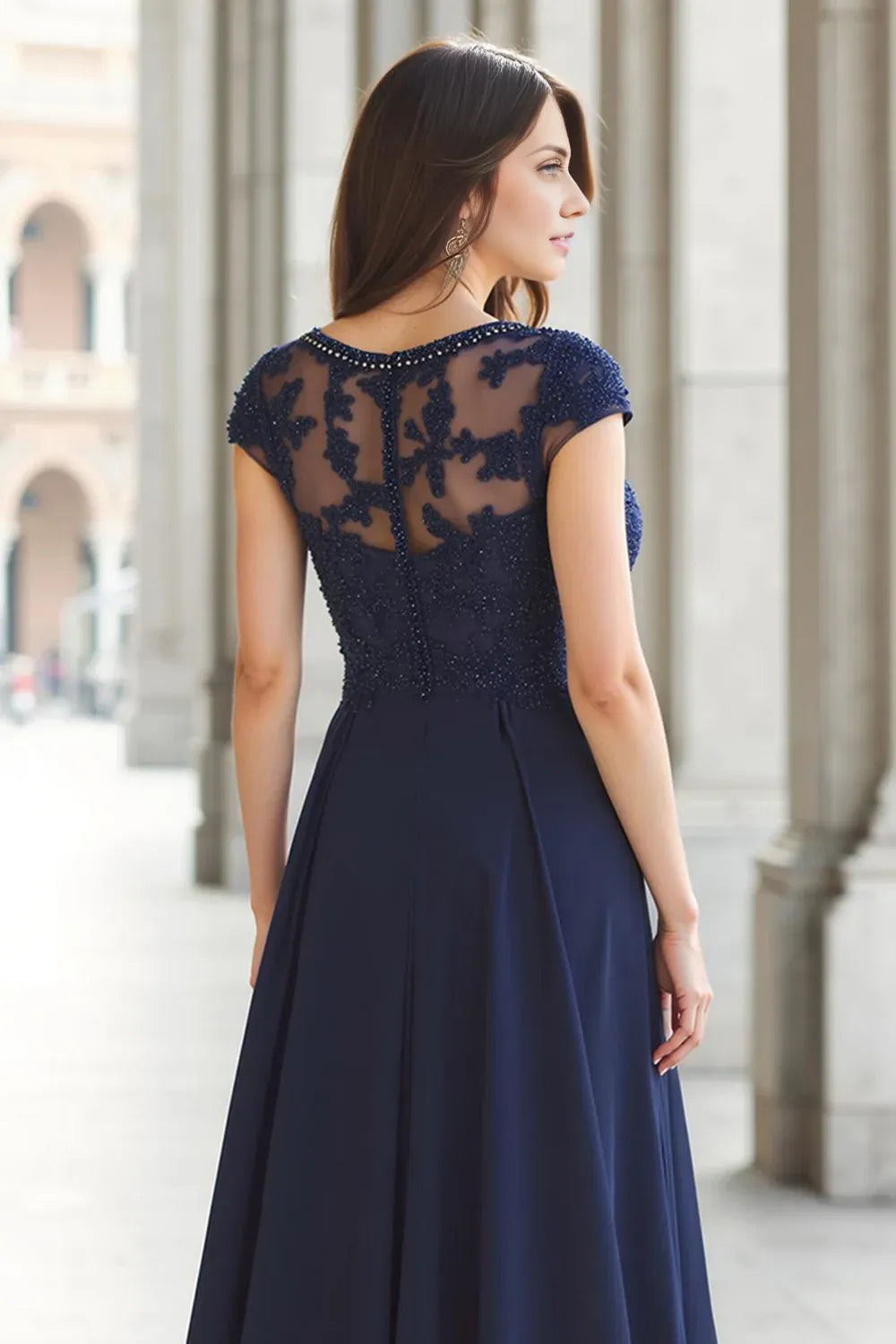 Modern A-Line Boat Neck Short Sleeve Sheer Back Floor-Length Mother of the Bride Dress