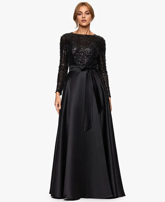 Modern A-Line Halter Neck Long Sleeve Pleated Sequins Floor-Length Prom Dress