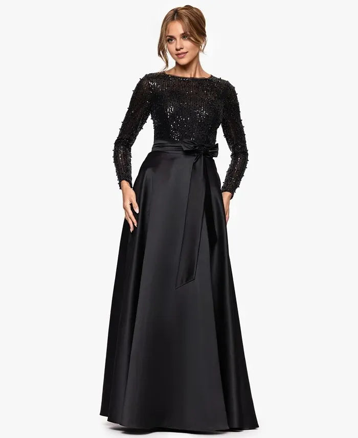 Modern A-Line Halter Neck Long Sleeve Pleated Sequins Floor-Length Prom Dress