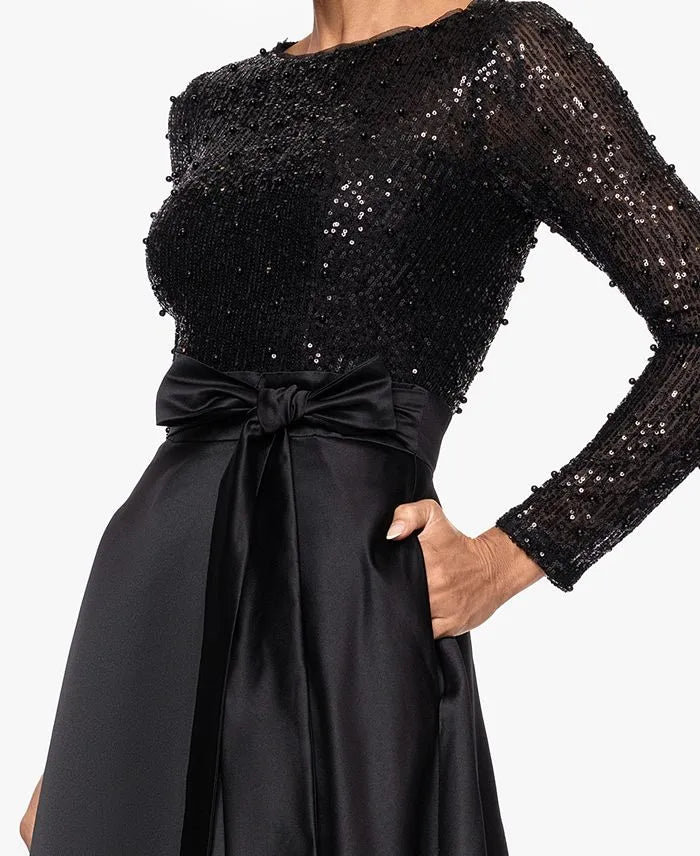 Modern A-Line Halter Neck Long Sleeve Pleated Sequins Floor-Length Prom Dress