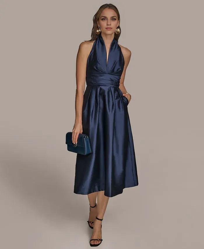 Modern A-Line Halter Neck Sleeveless Pleated Satin Tea-Length Prom Dress