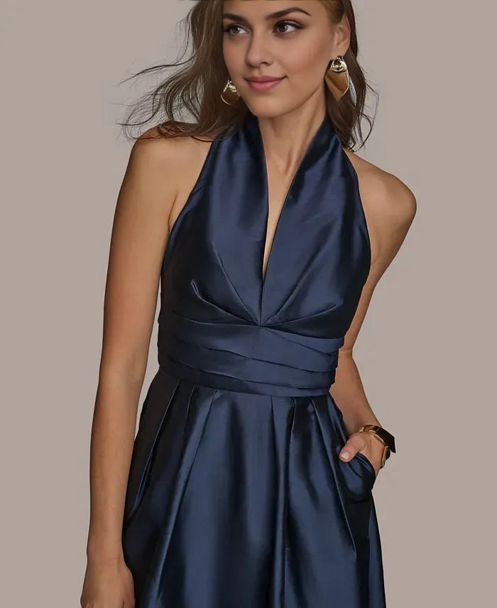 Modern A-Line Halter Neck Sleeveless Pleated Satin Tea-Length Prom Dress