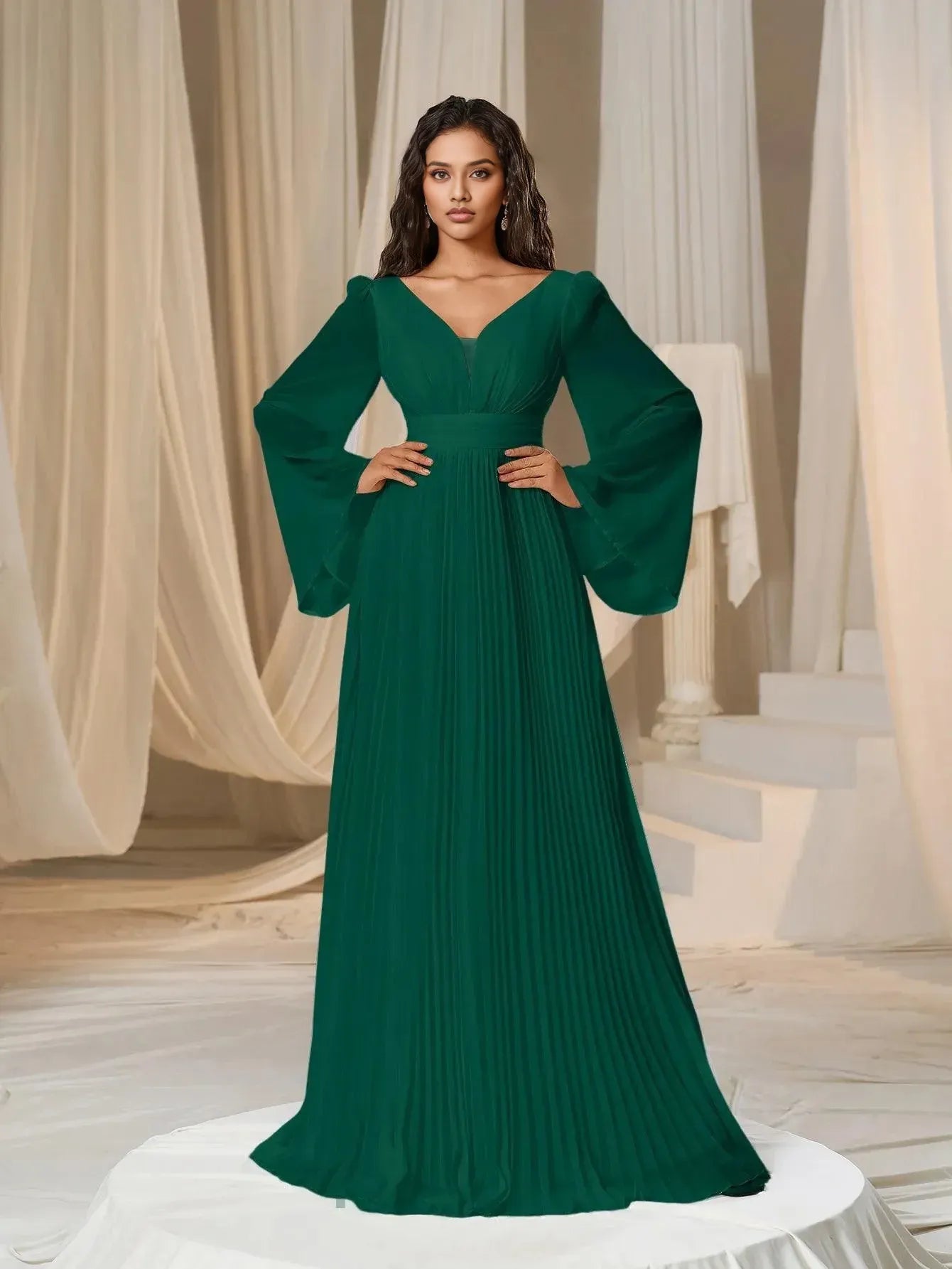 Modern A-Line Plunging Neck Flared Sleeves Zipper Up Floor-Length Prom Dress