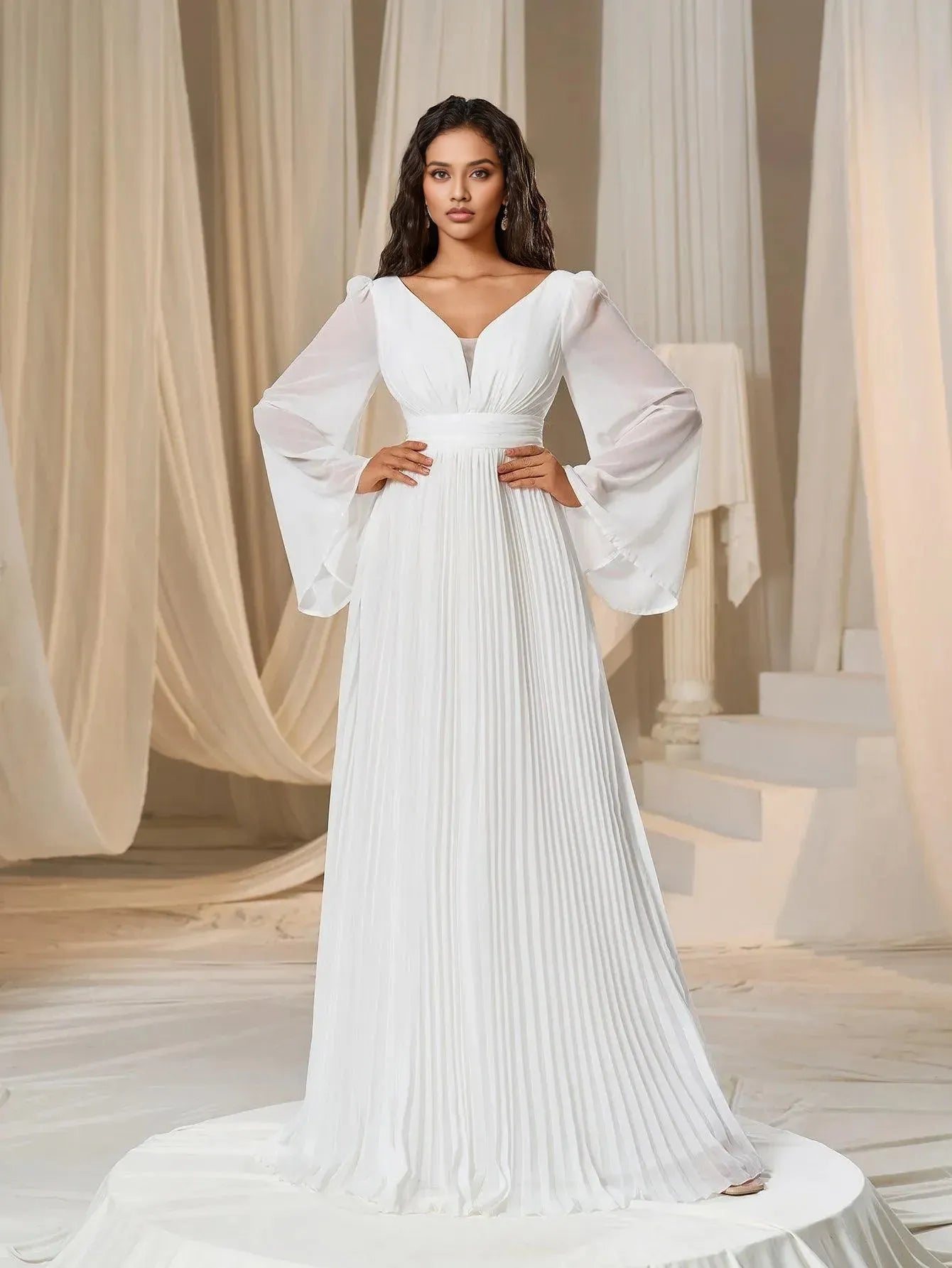 Modern A-Line Plunging Neck Flared Sleeves Zipper Up Floor-Length Prom Dress