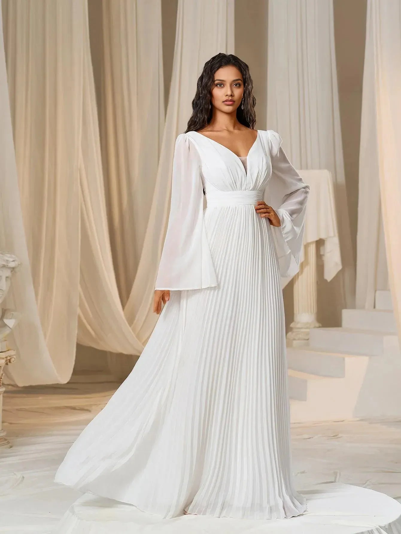 Modern A-Line Plunging Neck Flared Sleeves Zipper Up Floor-Length Prom Dress