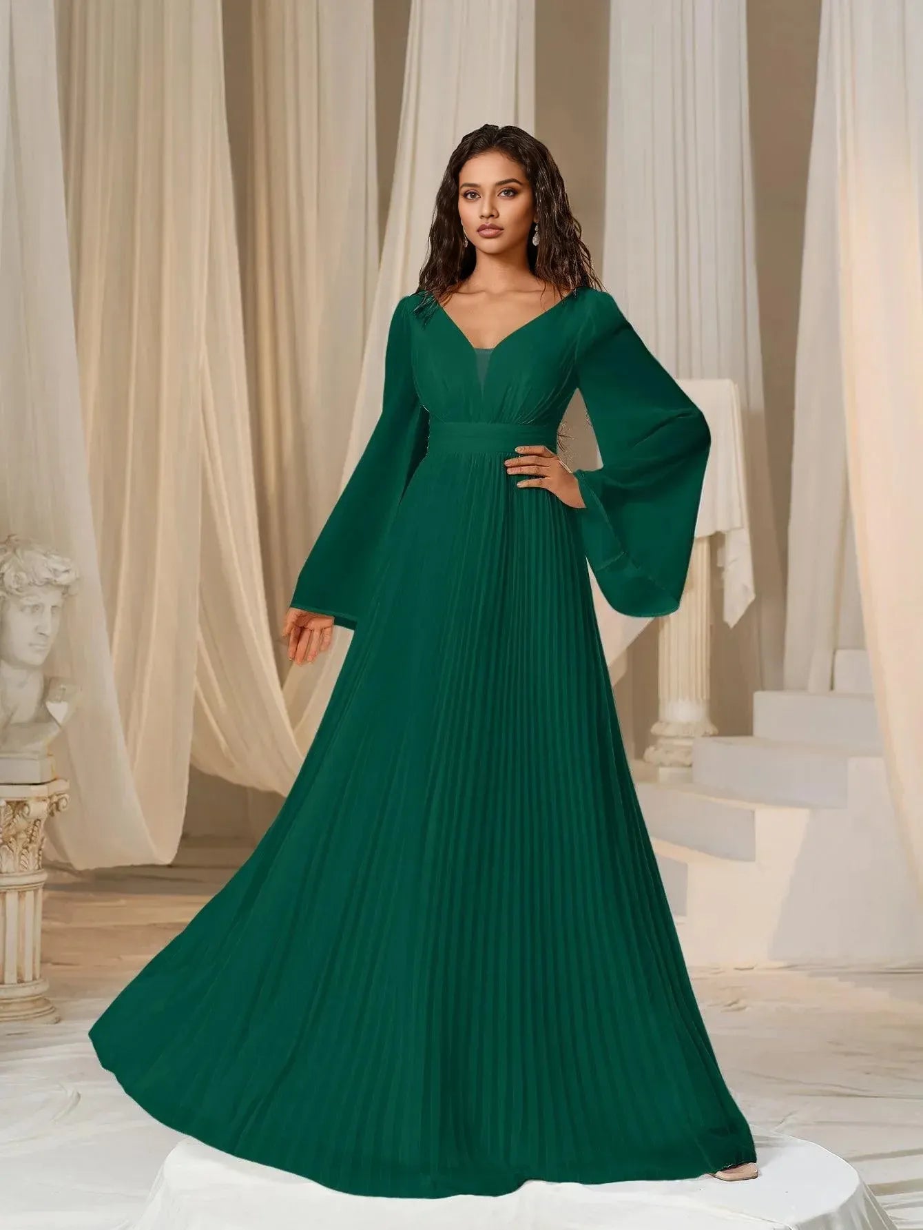 Modern A-Line Plunging Neck Flared Sleeves Zipper Up Floor-Length Prom Dress