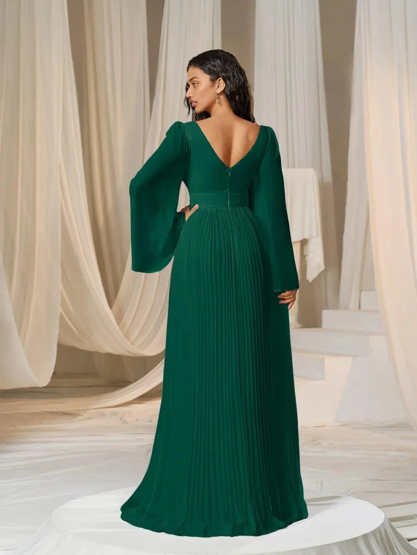 Modern A-Line Plunging Neck Flared Sleeves Zipper Up Floor-Length Prom Dress