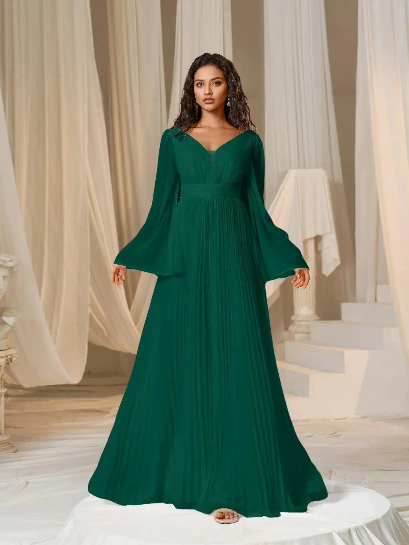 Modern A-Line Plunging Neck Flared Sleeves Zipper Up Floor-Length Prom Dress