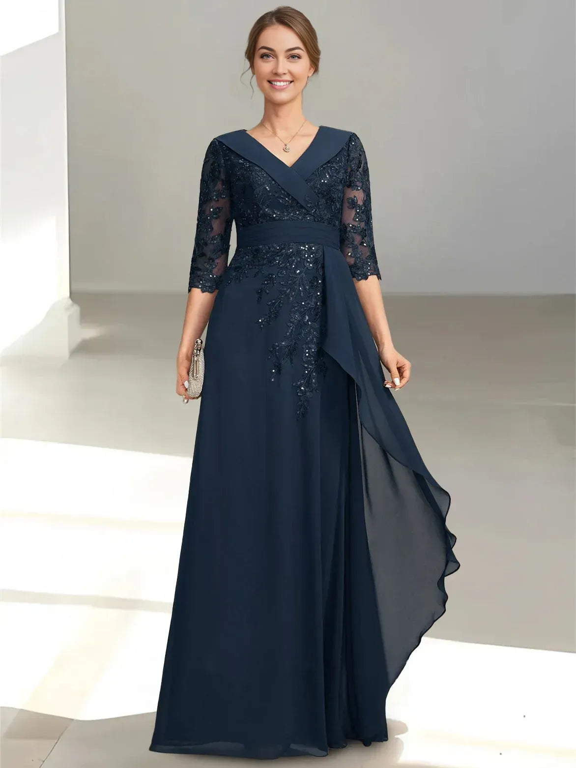 Modern A-Line/Princess V-Neck Half Sleeves Chiffon Ruffles Floor-Length Mother of the Bride Dress
