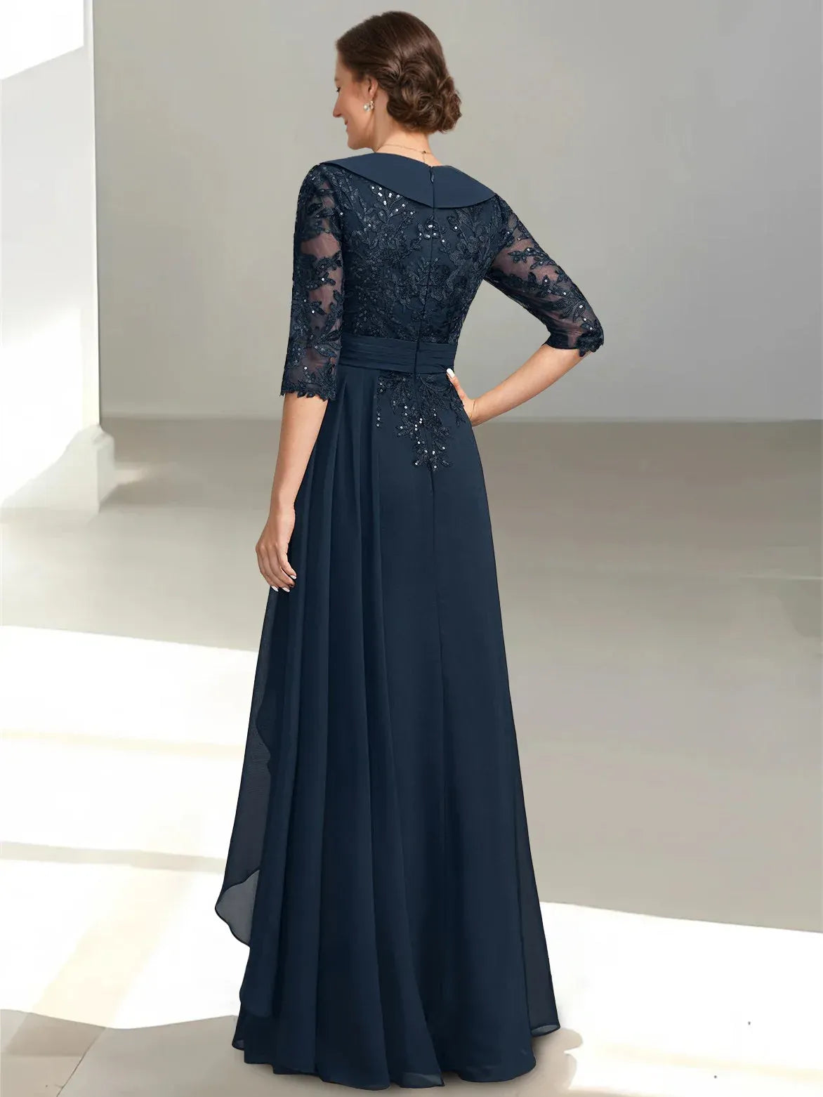 Modern A-Line/Princess V-Neck Half Sleeves Chiffon Ruffles Floor-Length Mother of the Bride Dress