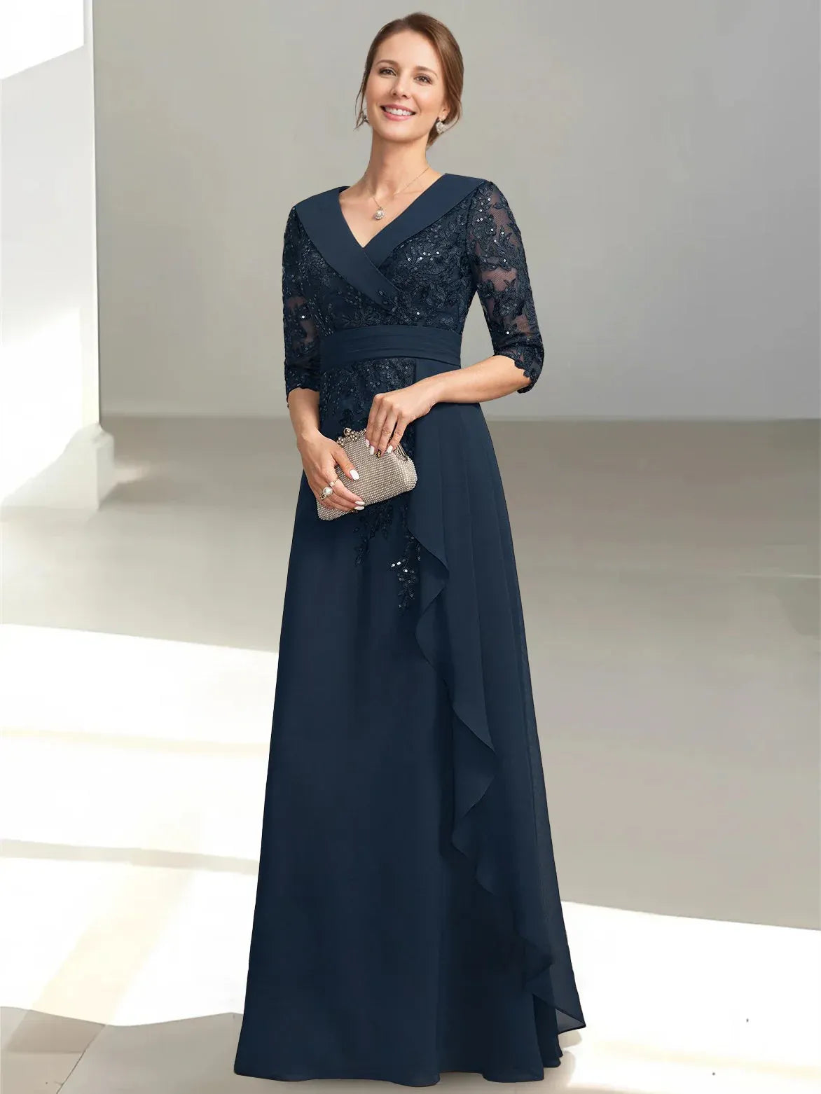 Modern A-Line/Princess V-Neck Half Sleeves Chiffon Ruffles Floor-Length Mother of the Bride Dress