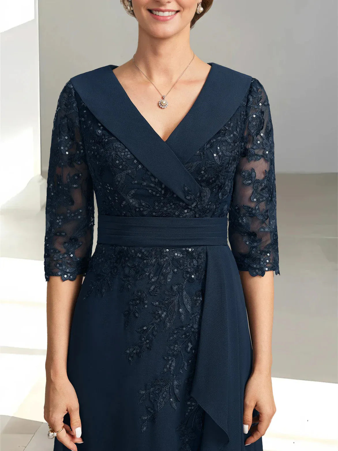 Modern A-Line/Princess V-Neck Half Sleeves Chiffon Ruffles Floor-Length Mother of the Bride Dress