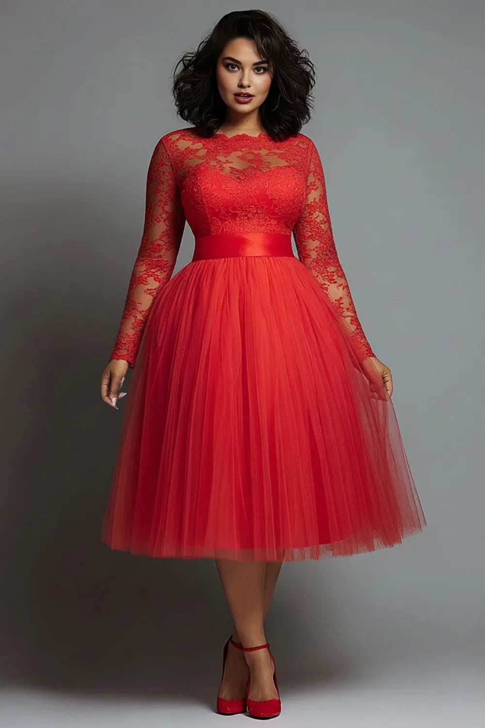 Modern A-Line Round Neck Long Sleeve Lace Tulle Midi Length Prom Dress