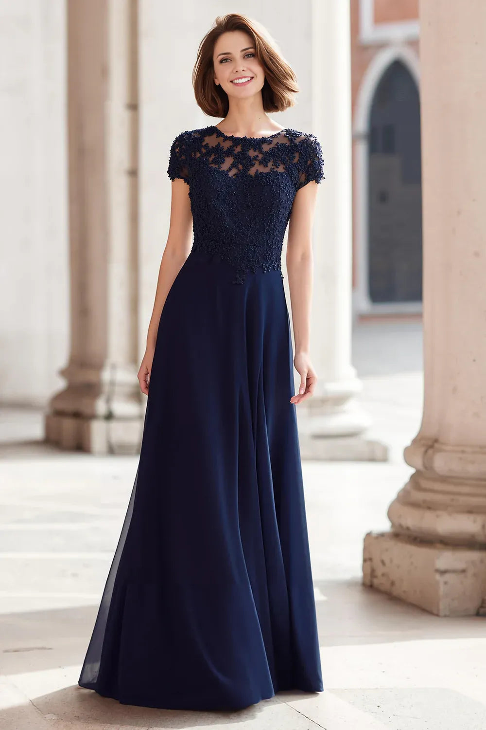 Modern A-Line Round Neck Short Sleeve Zipper Up Floor-Length Mother of the Bride Dress