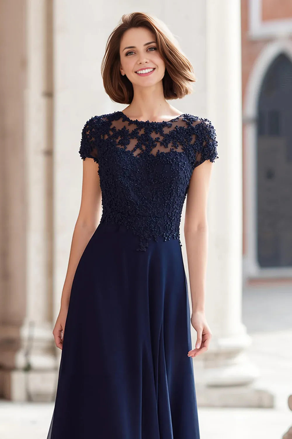Modern A-Line Round Neck Short Sleeve Zipper Up Floor-Length Mother of the Bride Dress