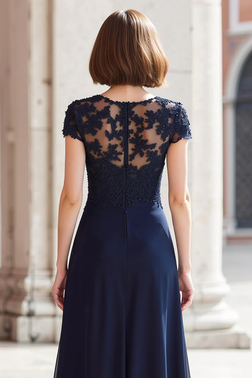 Modern A-Line Round Neck Short Sleeve Zipper Up Floor-Length Mother of the Bride Dress
