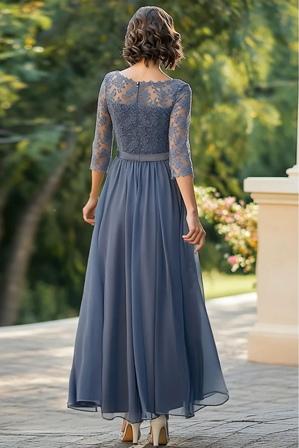 Modern A-Line Scoop Neck 3/4 Sleeves Backless Ankle-Length Mother of the Bride Dress