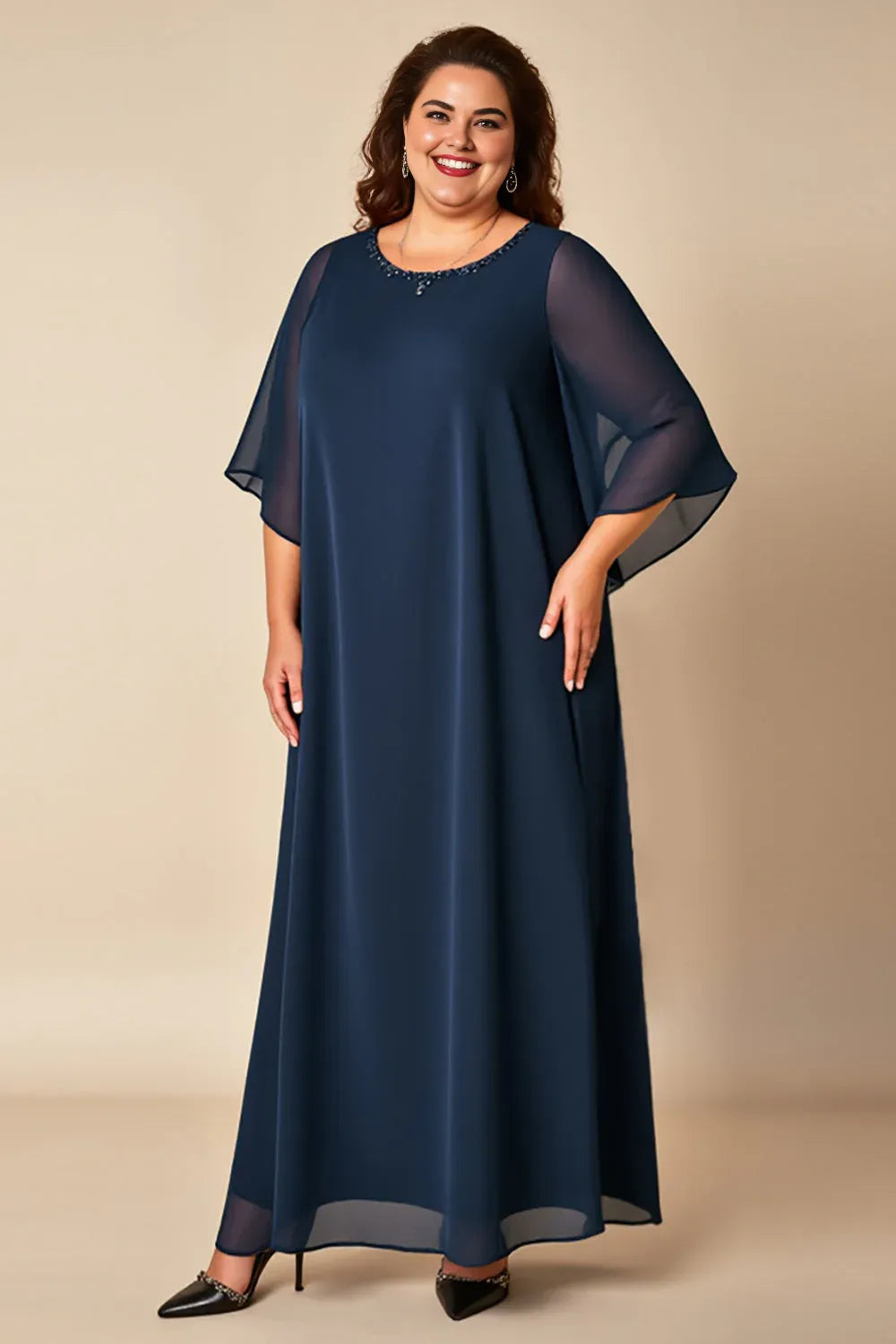 Modern A-Line Scoop Neck Flutter Sleeves Zipper Up Floor-Length Plus Size Mother of the Bride Dress