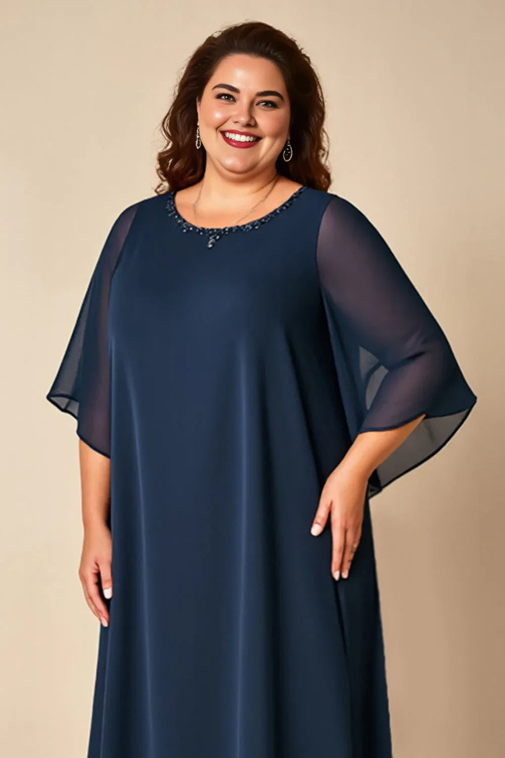 Modern A-Line Scoop Neck Flutter Sleeves Zipper Up Floor-Length Plus Size Mother of the Bride Dress