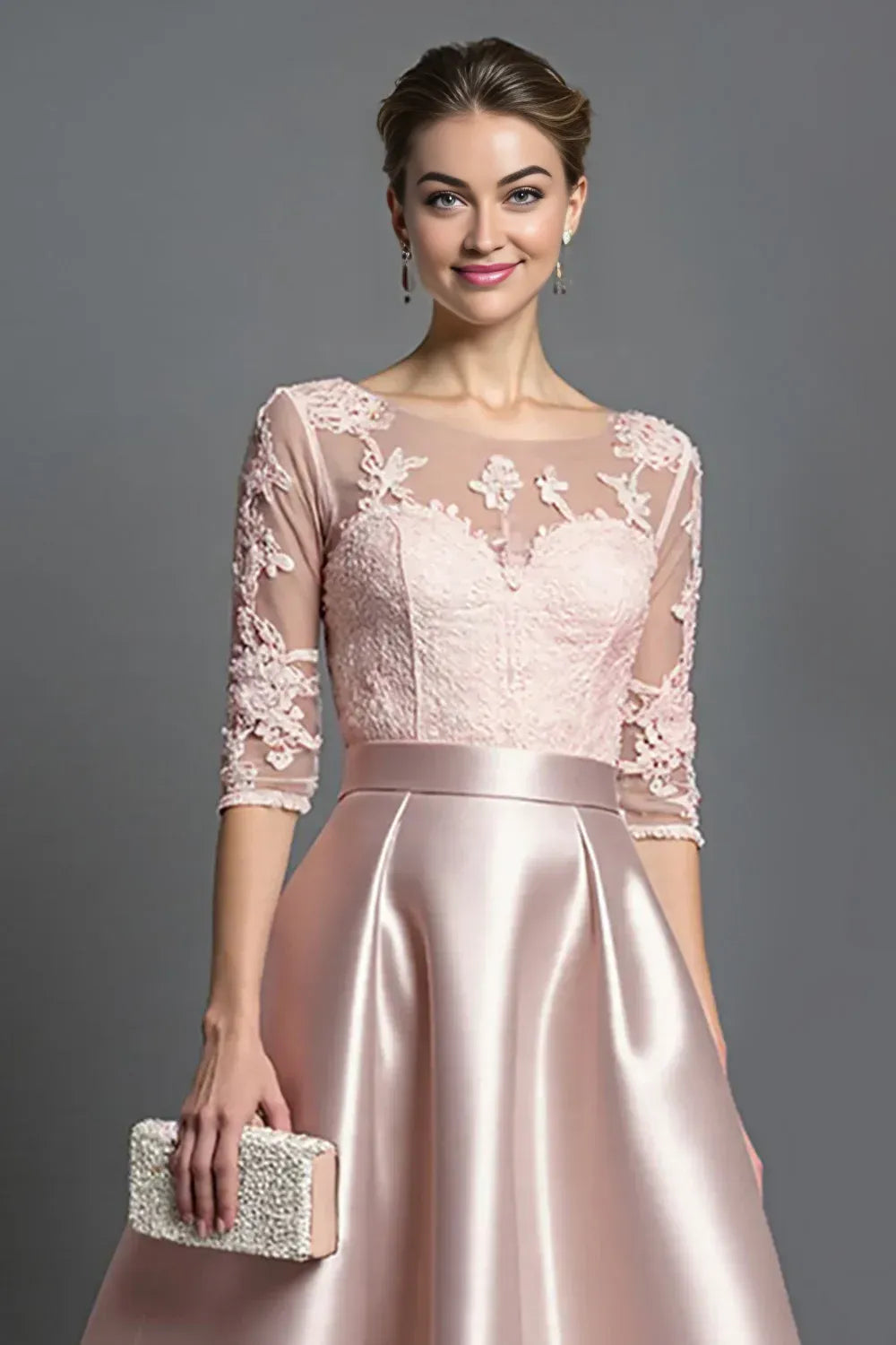 Modern A-Line Scoop Neck Half Sleeves Satin Lace Tea-Length Mother of the Bride Dress