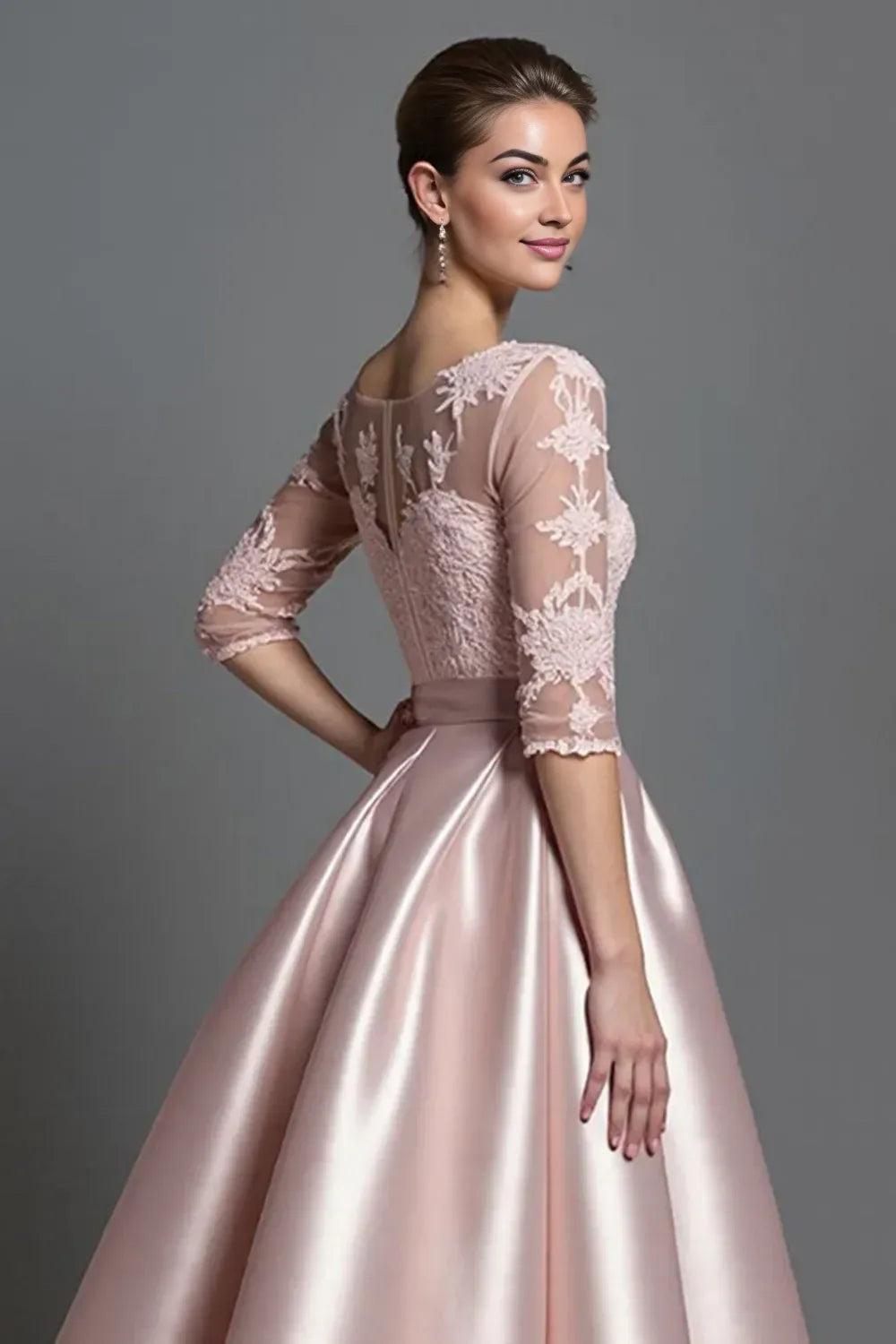 Modern A-Line Scoop Neck Half Sleeves Satin Lace Tea-Length Mother of the Bride Dress