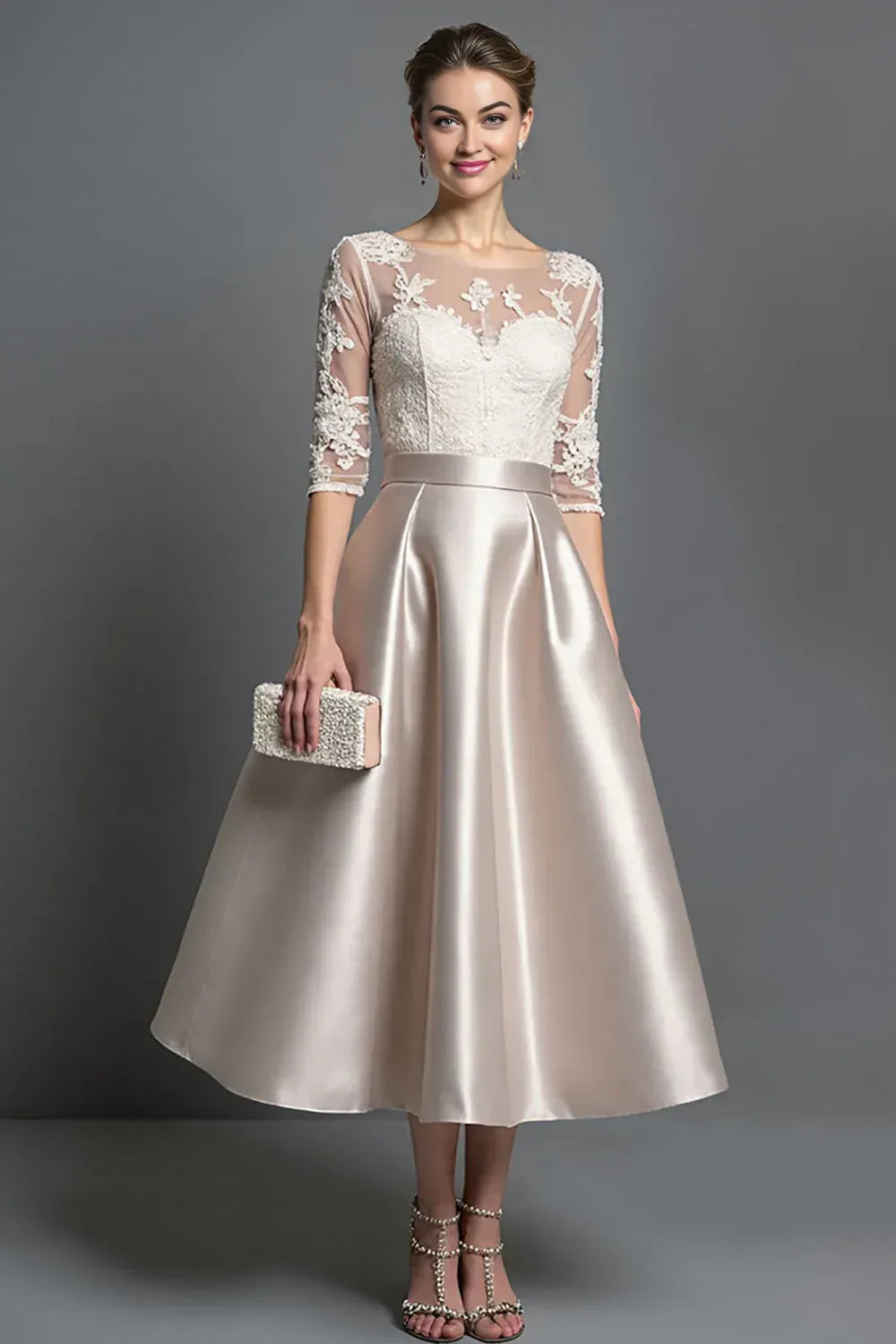 Modern A-Line Scoop Neck Half Sleeves Satin Lace Tea-Length Mother of the Bride Dress
