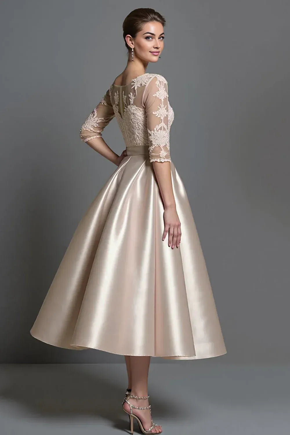 Modern A-Line Scoop Neck Half Sleeves Satin Lace Tea-Length Mother of the Bride Dress