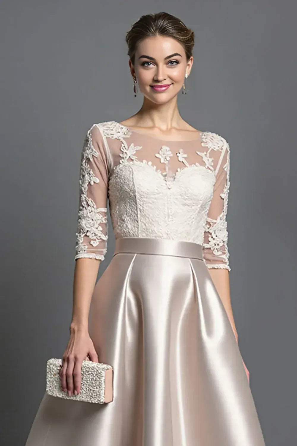 Modern A-Line Scoop Neck Half Sleeves Satin Lace Tea-Length Mother of the Bride Dress
