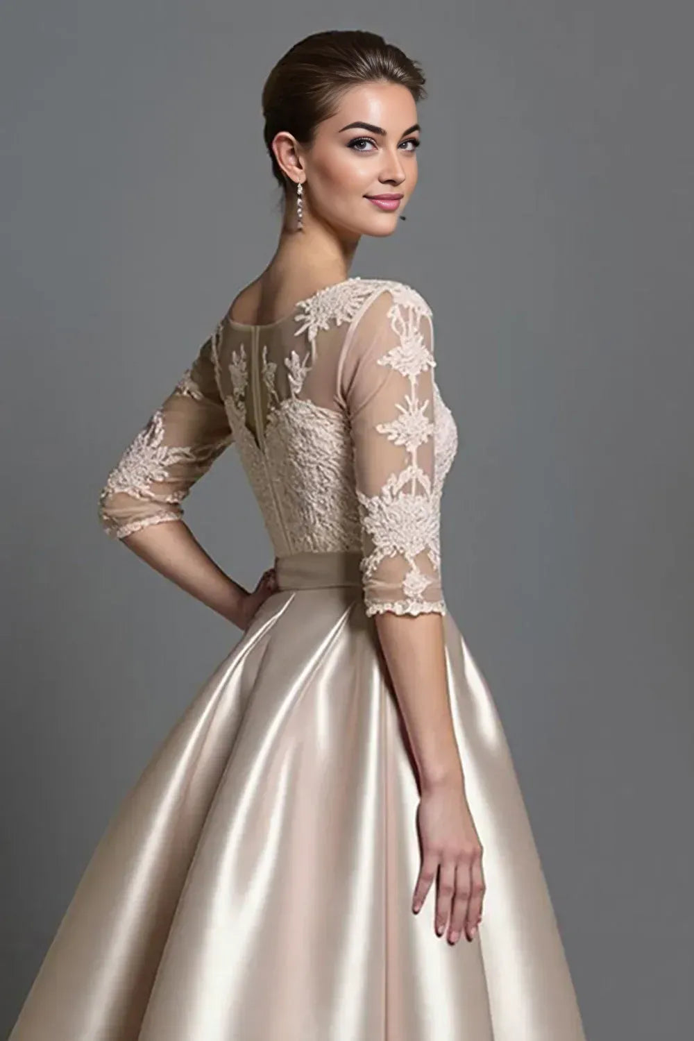 Modern A-Line Scoop Neck Half Sleeves Satin Lace Tea-Length Mother of the Bride Dress