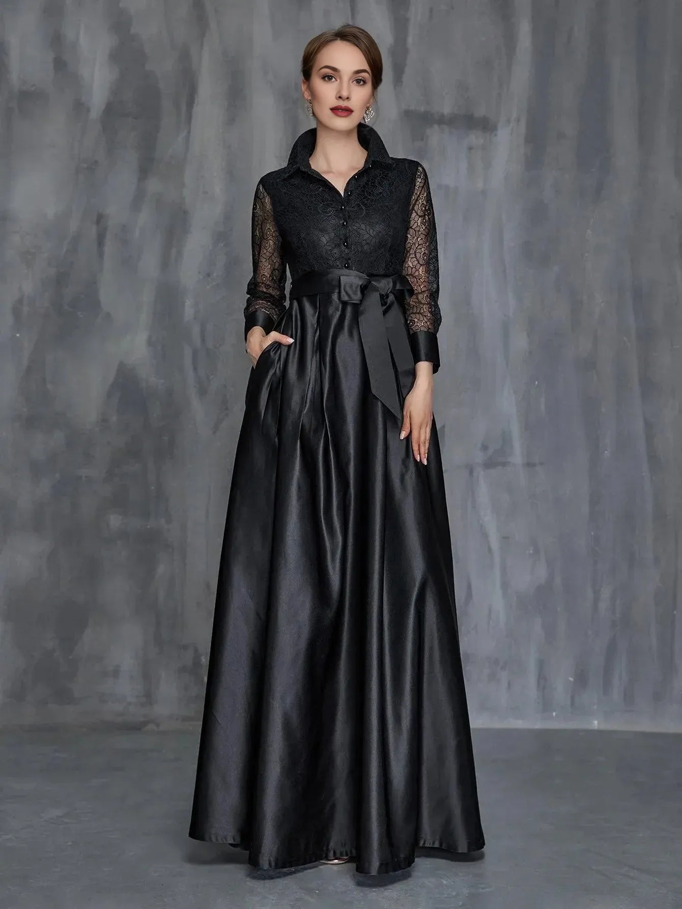 Modern A-Line Shirt Collar Long Sleeve Floor-Length Prom Dress