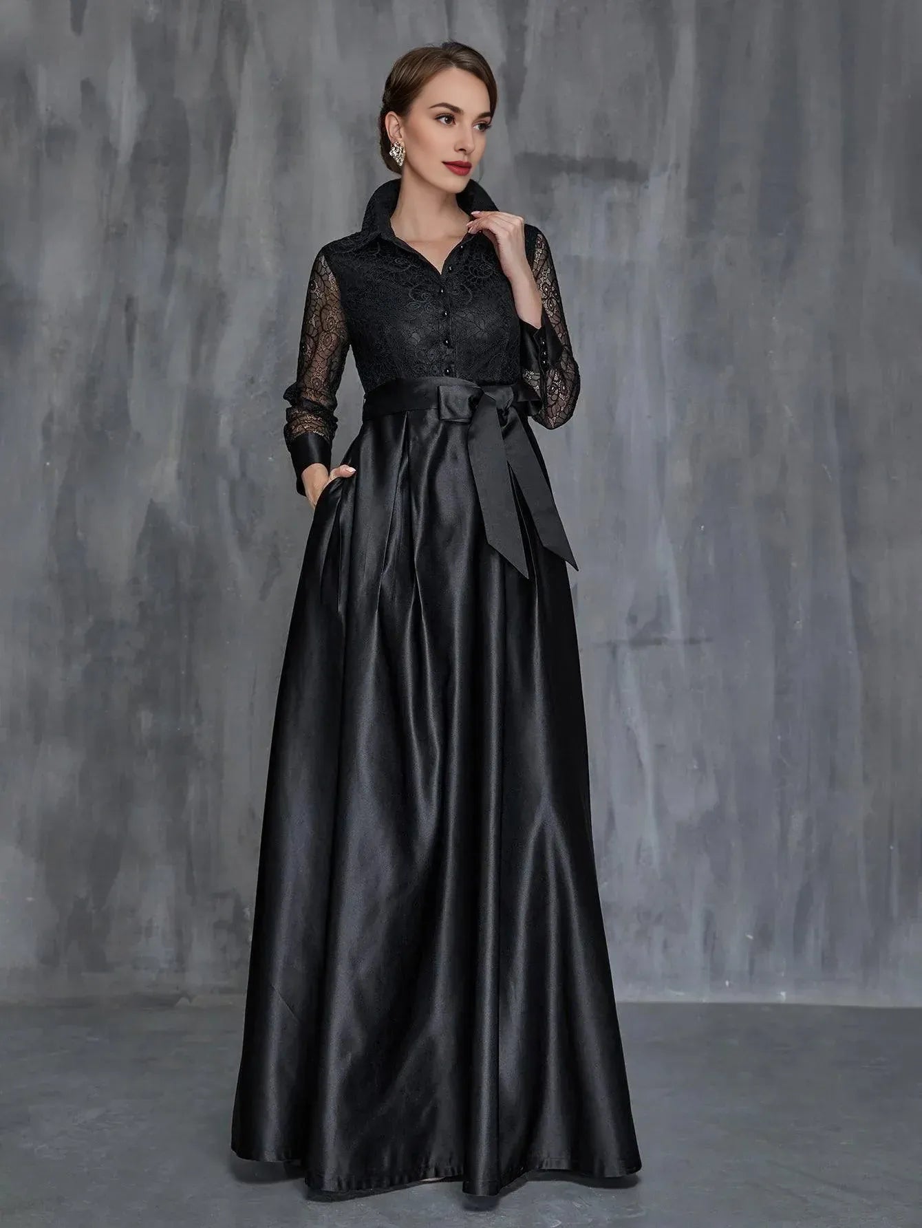 Modern A-Line Shirt Collar Long Sleeve Floor-Length Prom Dress