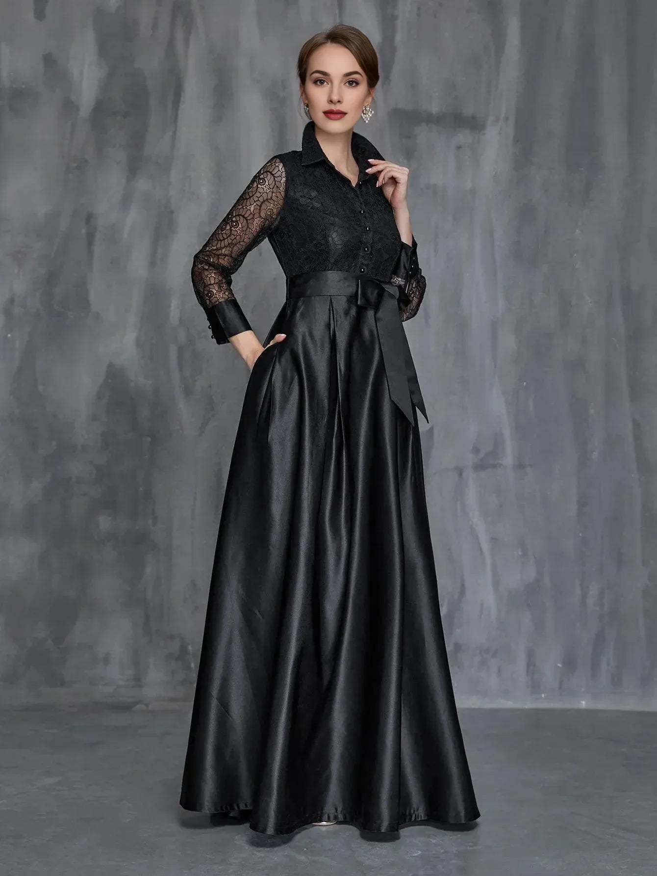 Modern A-Line Shirt Collar Long Sleeve Floor-Length Prom Dress