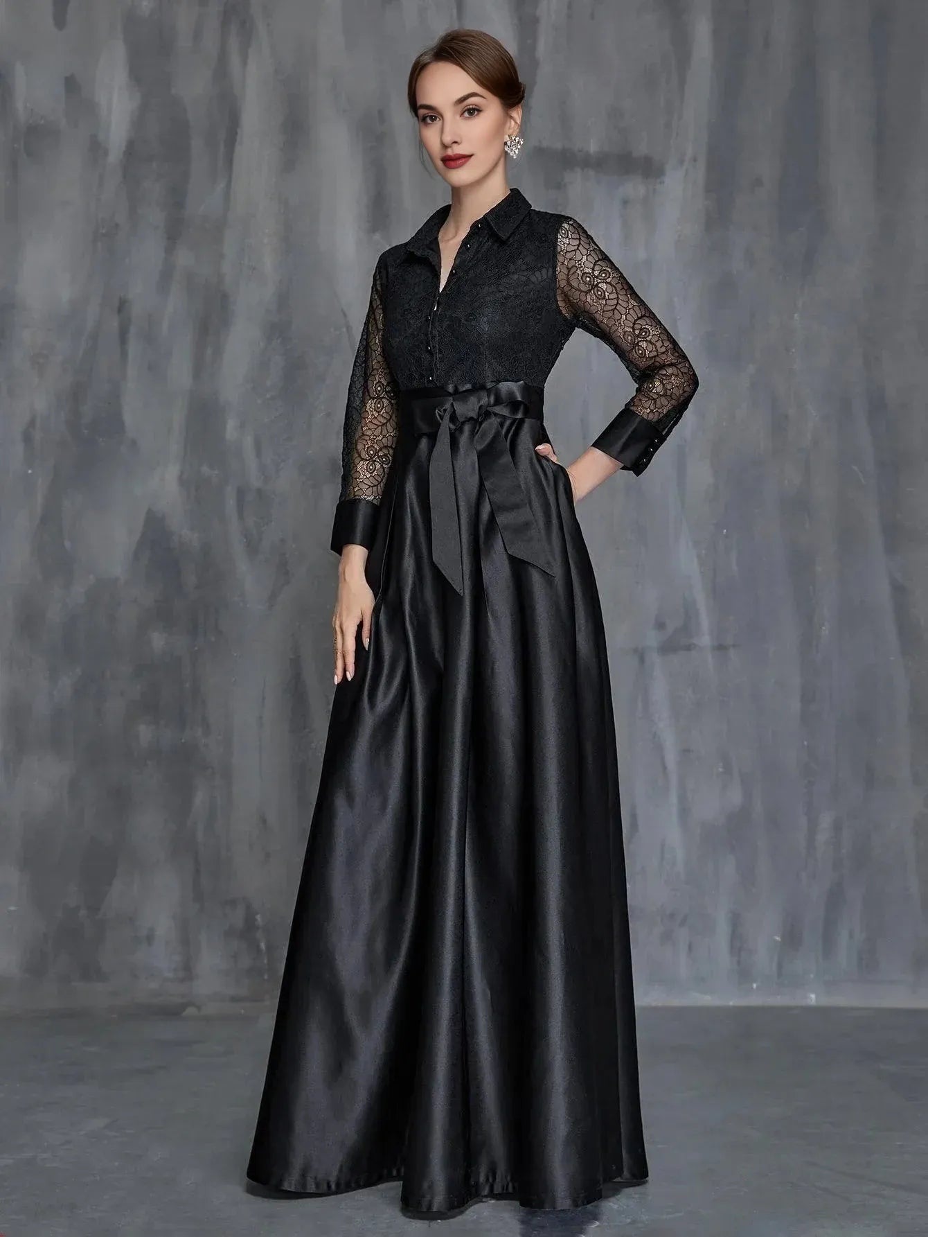 Modern A-Line Shirt Collar Long Sleeve Floor-Length Prom Dress