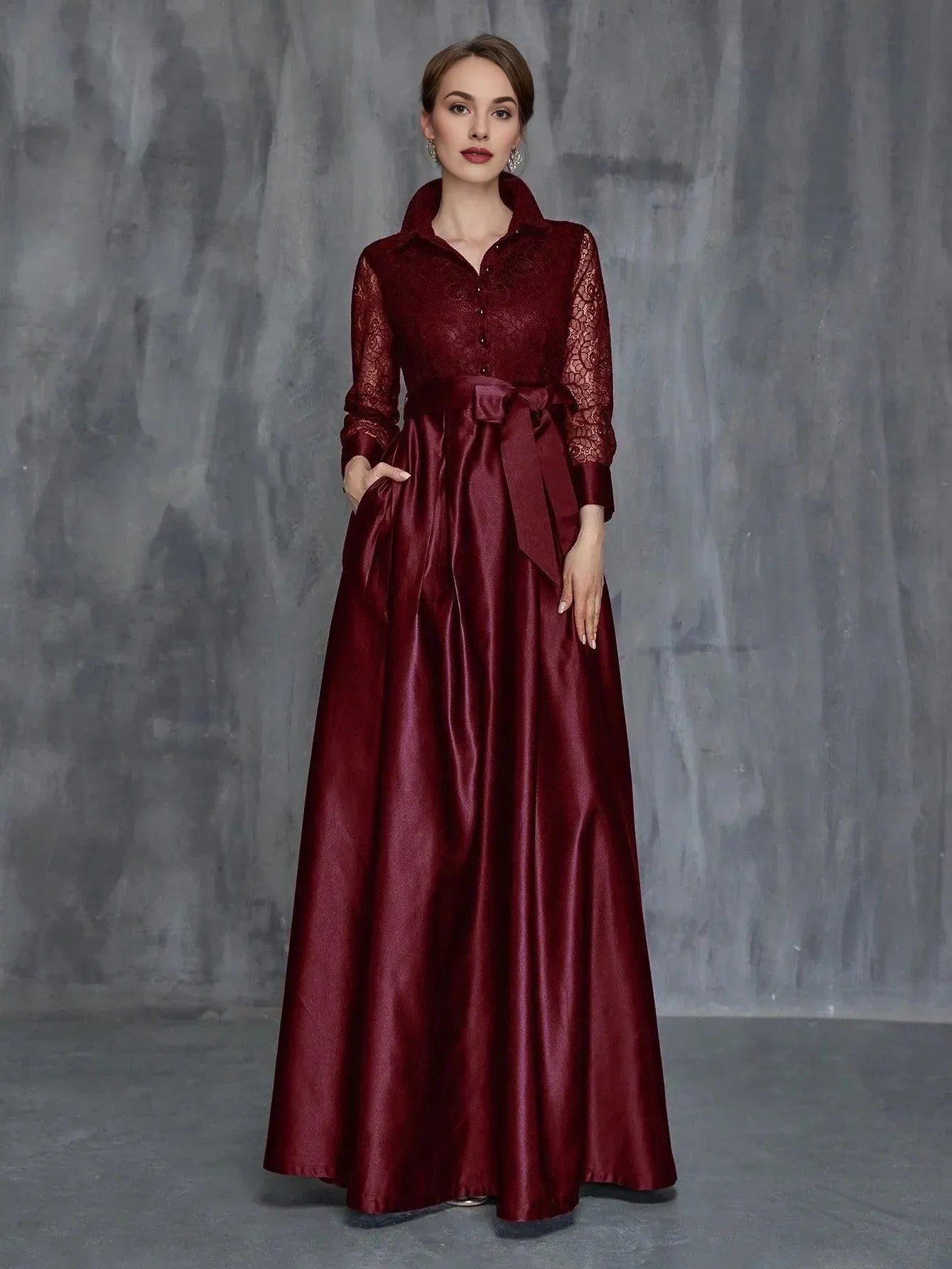 Modern A-Line Shirt Collar Long Sleeve Floor-Length Prom Dress