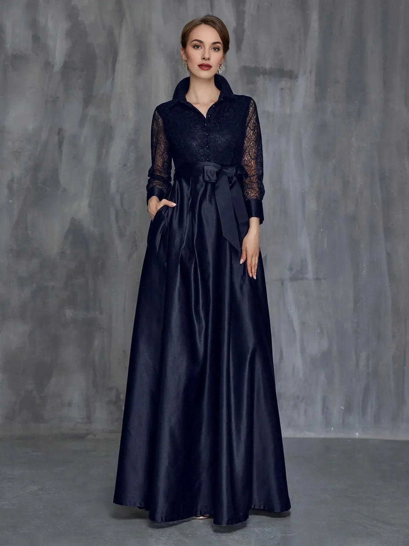 Modern A-Line Shirt Collar Long Sleeve Floor-Length Prom Dress