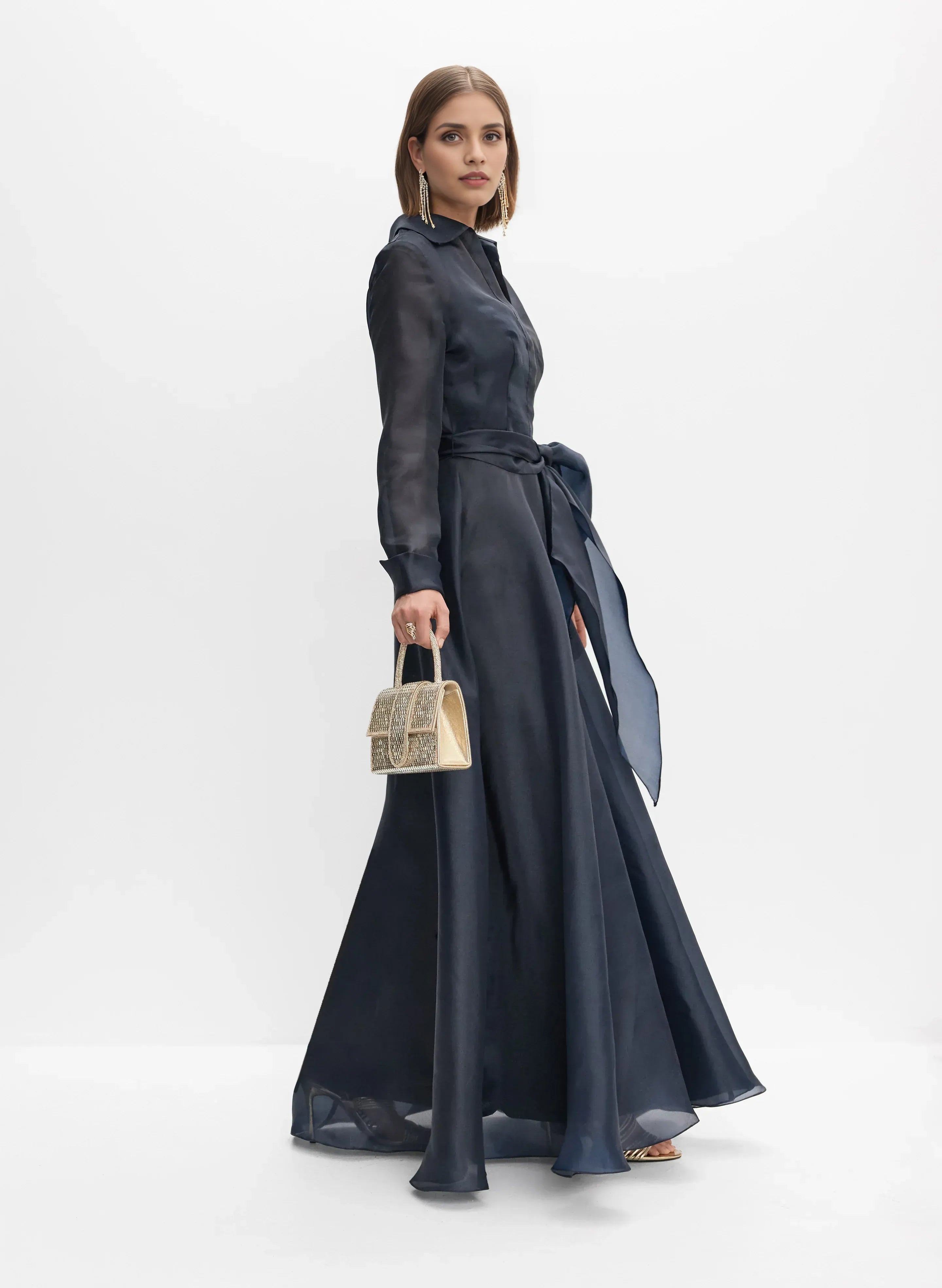 Modern A-Line Shirt Collar Long Sleeve Full Coverage Back Floor-Length Prom Dress