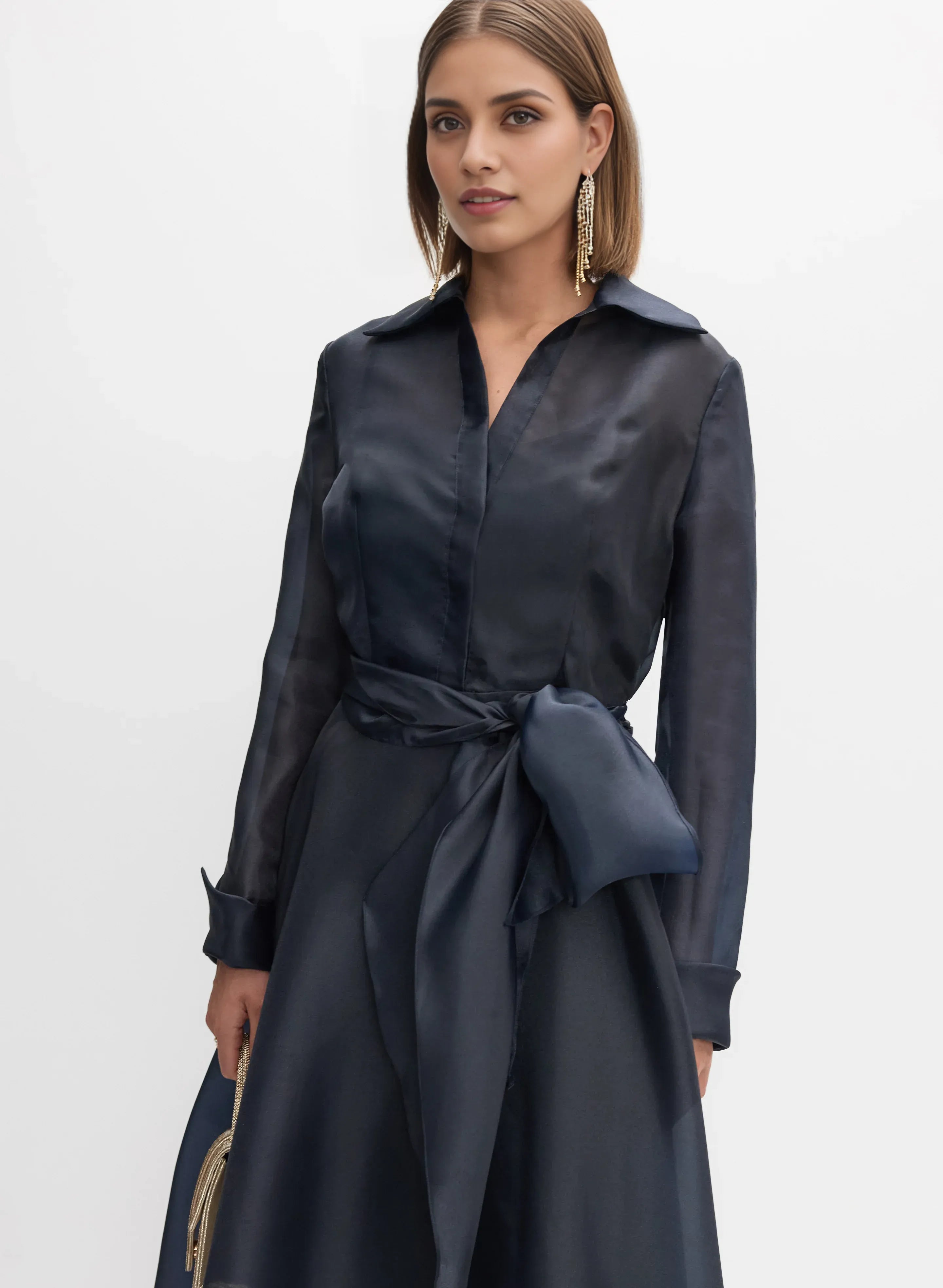 Modern A-Line Shirt Collar Long Sleeve Full Coverage Back Floor-Length Prom Dress