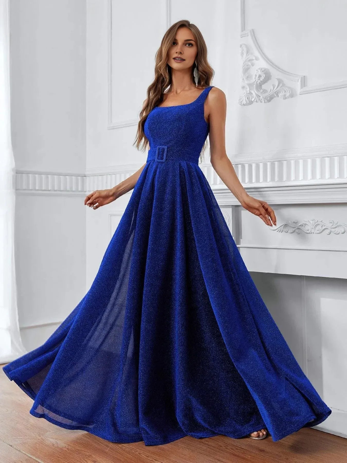 Modern A-Line Square Neck Sleeveless Zipper Up Floor-Length Prom Dress