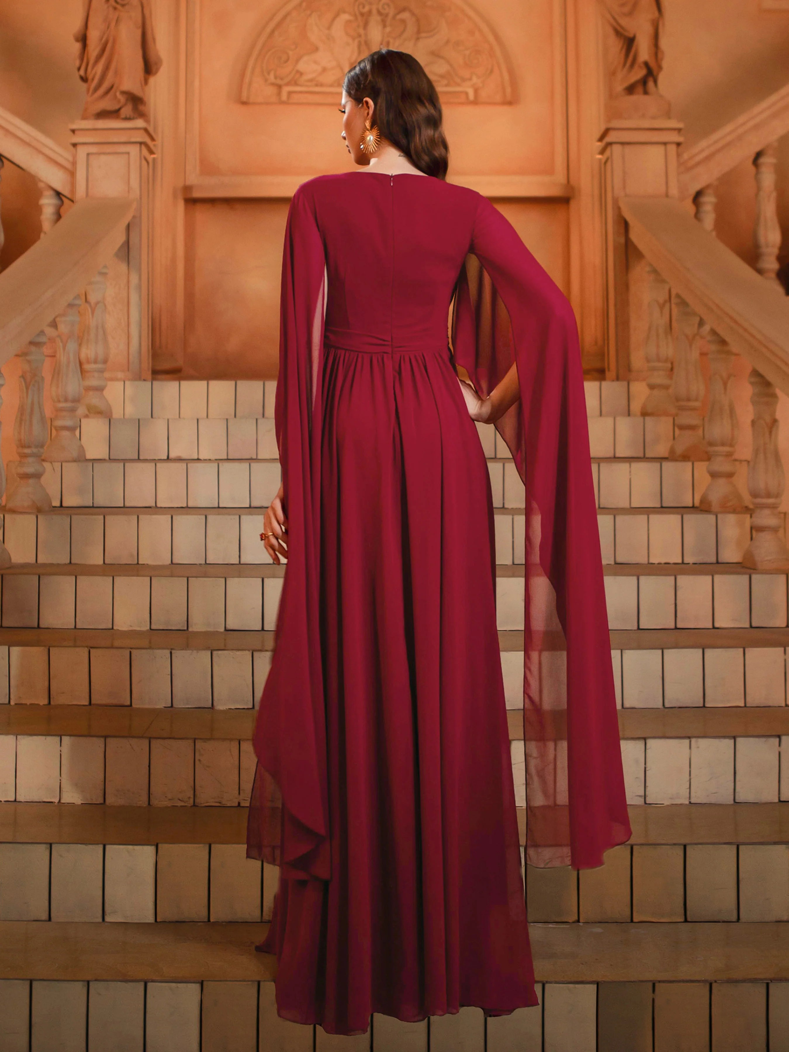 Modern A-Line V-Neck Cape Sleeve Back Zip Floor-Length Prom Dress